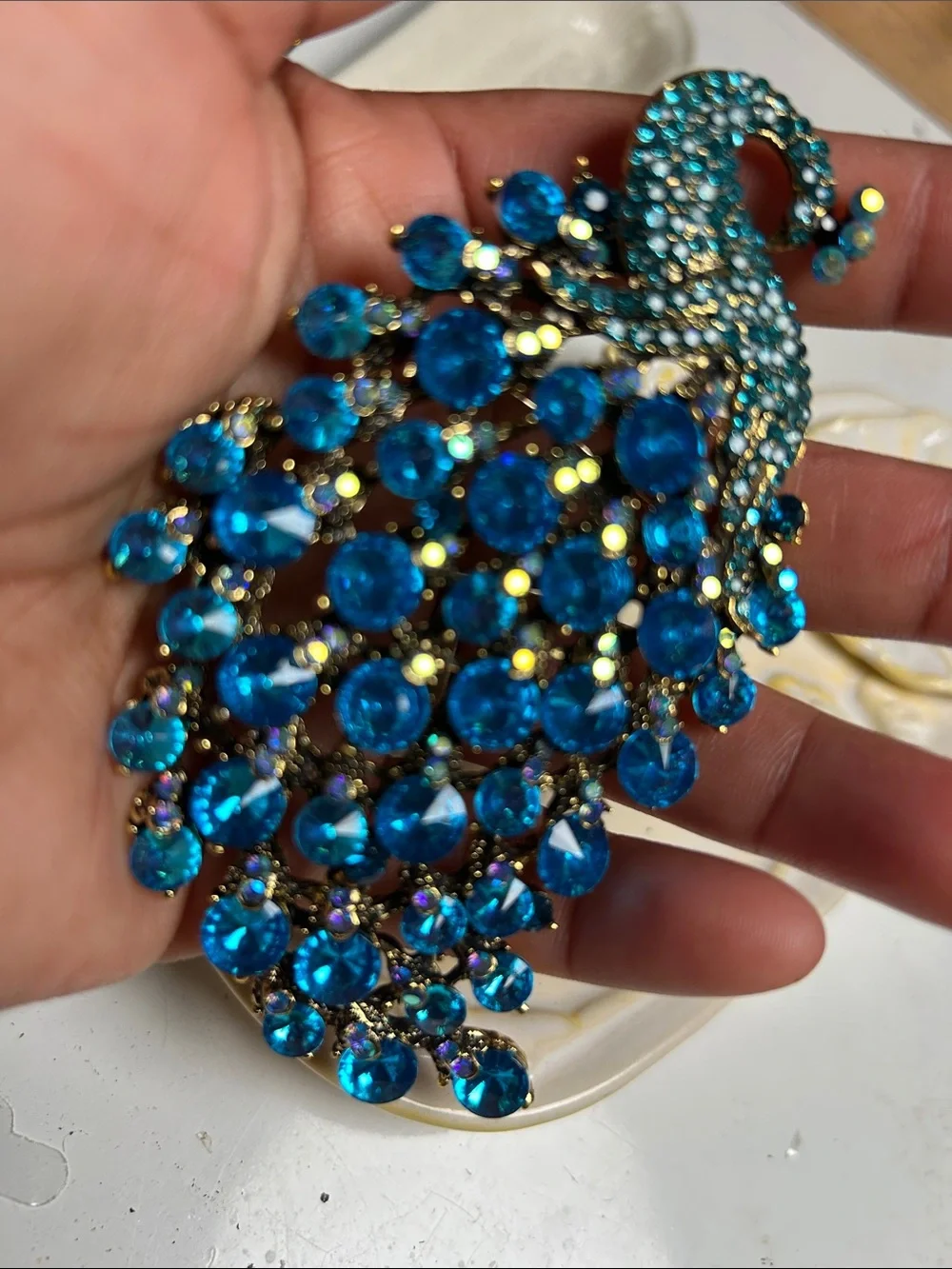 Teal Crystal Peacock Brooch